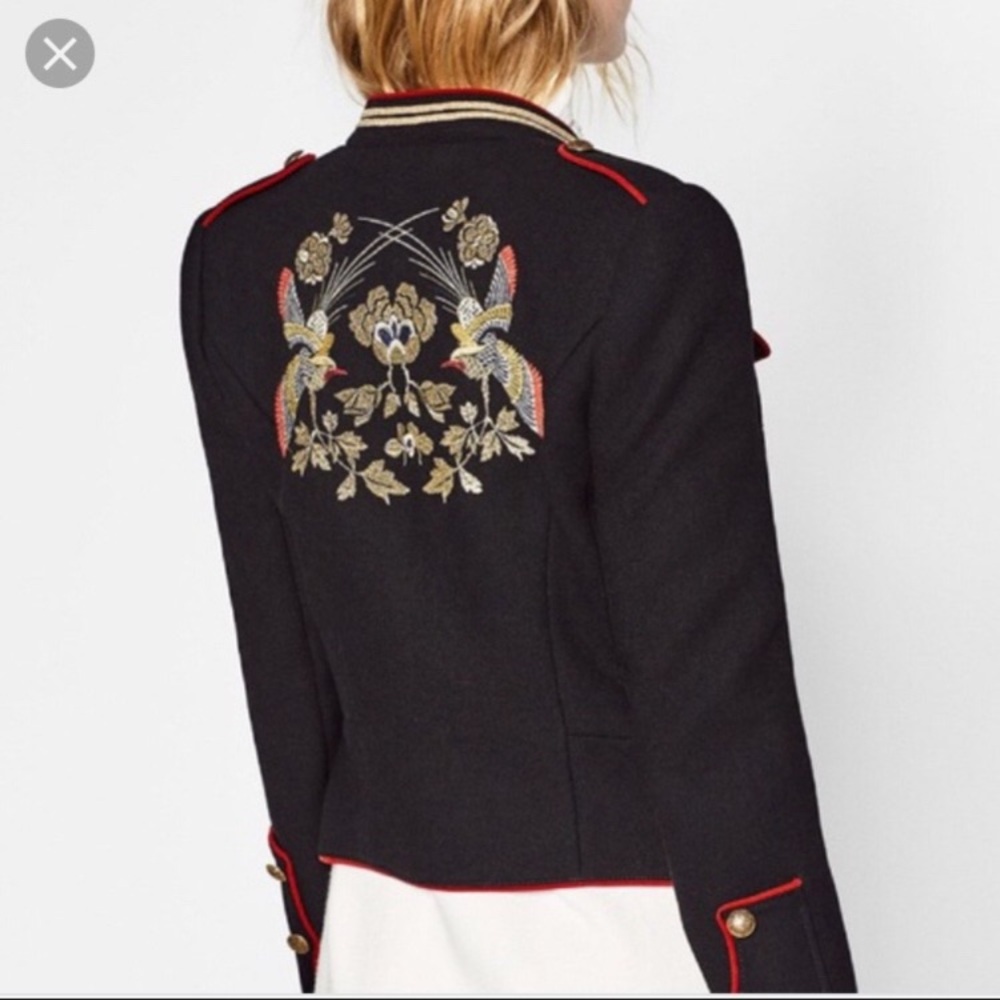 ZARA Black Embroidered Floral Bird Asian Print Military Jacket - Picture 15 of 16